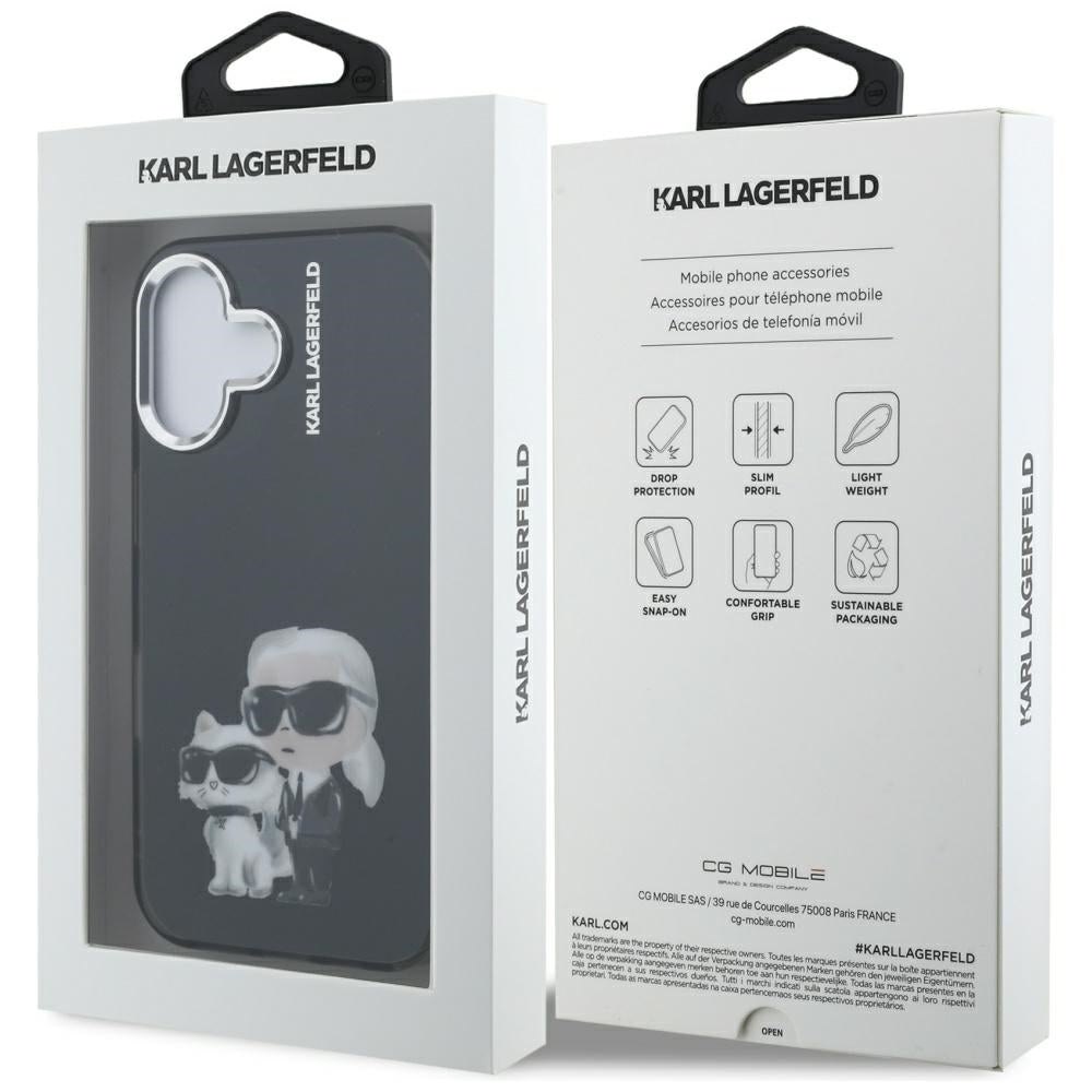 Case for Apple iPhone 16, Karl Lagerfeld, IML Aquarelle Logo Karl & Choupette, Black