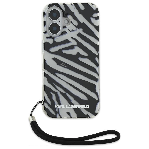 Ovitek za Apple iPhone 16, Karl Lagerfeld, IML Luxury Zebra Pattern with Strap, Črna