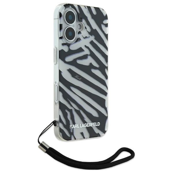 Ovitek za Apple iPhone 16, Karl Lagerfeld, IML Luxury Zebra Pattern with Strap, Črna