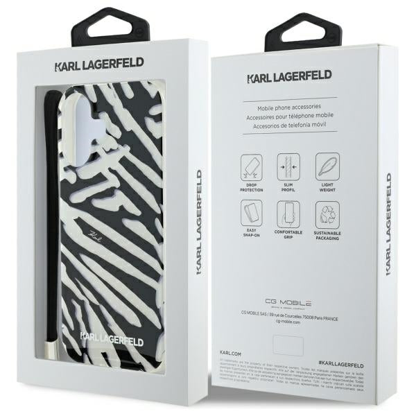 Ovitek za Apple iPhone 16, Karl Lagerfeld, IML Luxury Zebra Pattern with Strap, Črna