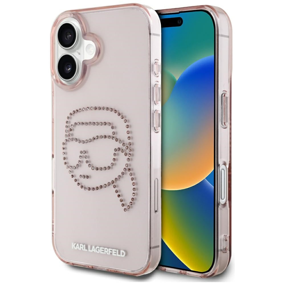 Ovitek za Apple iPhone 16, Karl Lagerfeld, IML Rhinestones Karl's Head, Roza