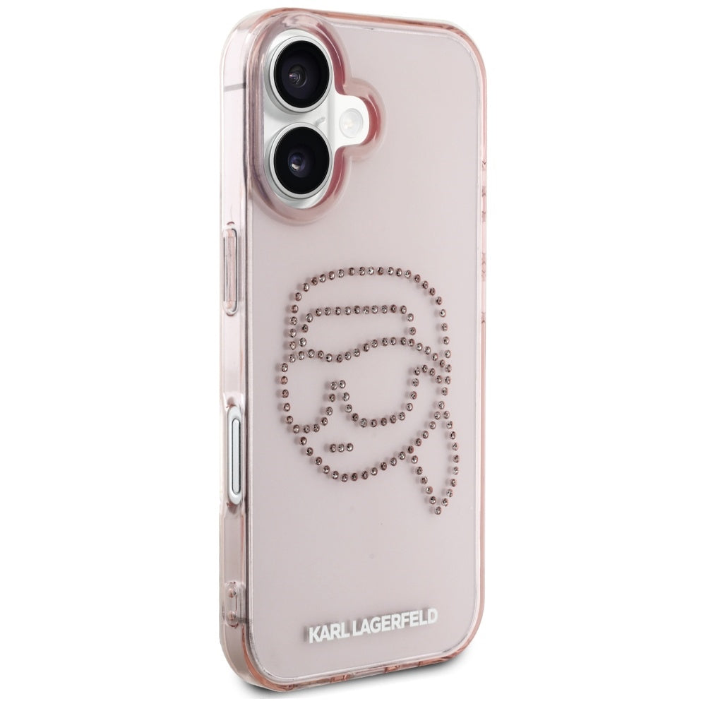 Ovitek za Apple iPhone 16, Karl Lagerfeld, IML Rhinestones Karl's Head, Roza