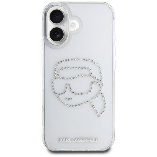 Ovitek za Apple iPhone 16, Karl Lagerfeld, IML Rhinestones Karl's Head, Prozoren
