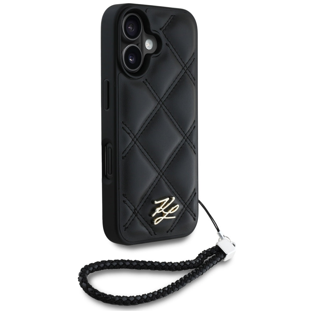 Ovitek za Apple iPhone 16, Karl Lagerfeld, Quilted Initial Logo & Chain Strap, Črna