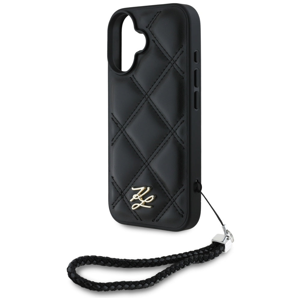 Ovitek za Apple iPhone 16, Karl Lagerfeld, Quilted Initial Logo & Chain Strap, Črna