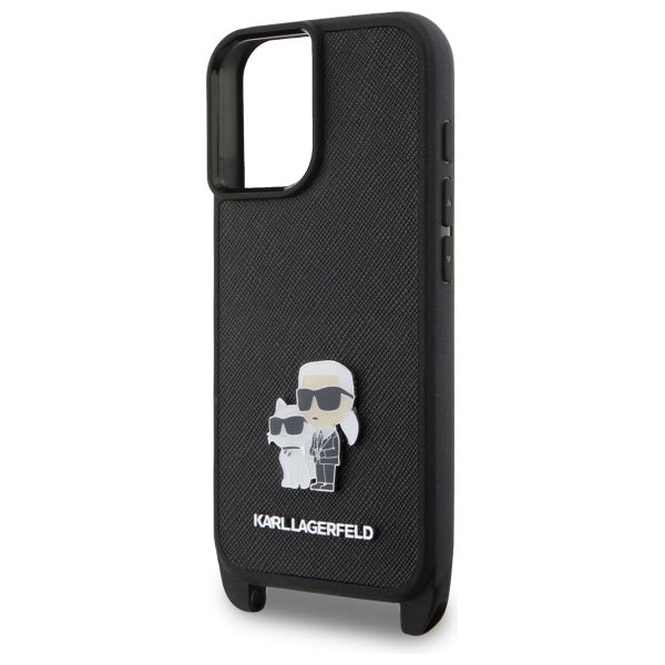 Ovitek za Apple iPhone 16, Karl Lagerfeld, Saffiano Crossbody Metal Pin Karl & Choupette, Bela