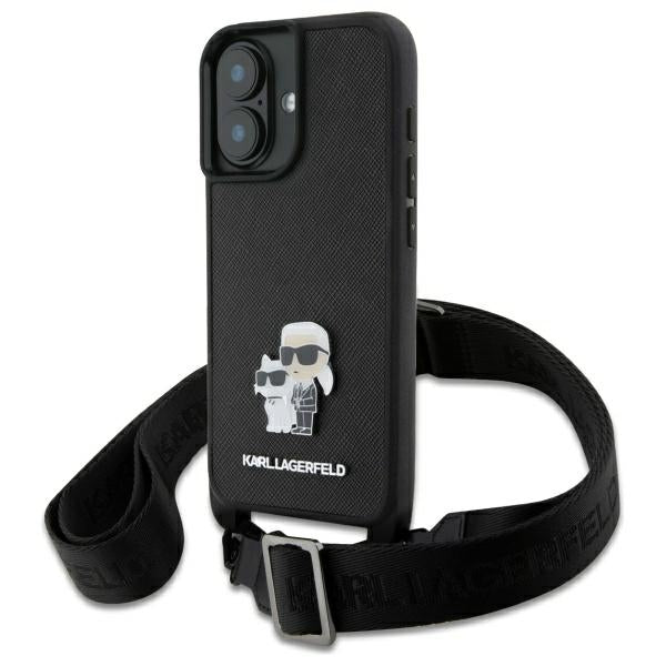 Ovitek za Apple iPhone 16, Karl Lagerfeld, Saffiano Crossbody Metal Pin Karl & Choupette, Bela