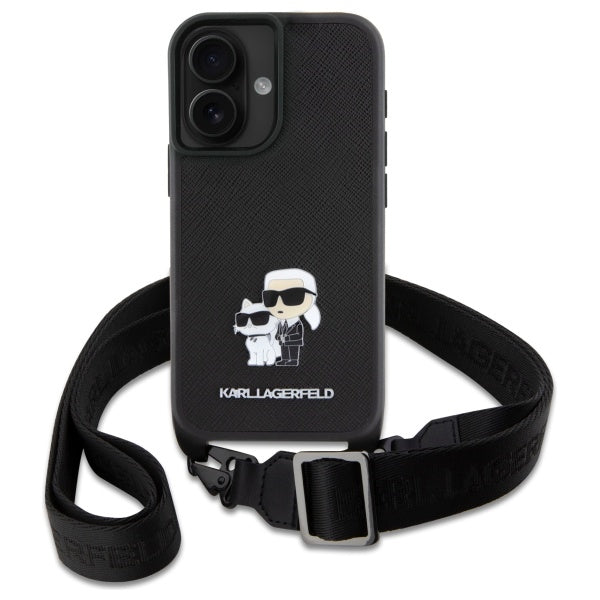 Ovitek za Apple iPhone 16, Karl Lagerfeld, Saffiano Crossbody Metal Pin Karl & Choupette, Bela