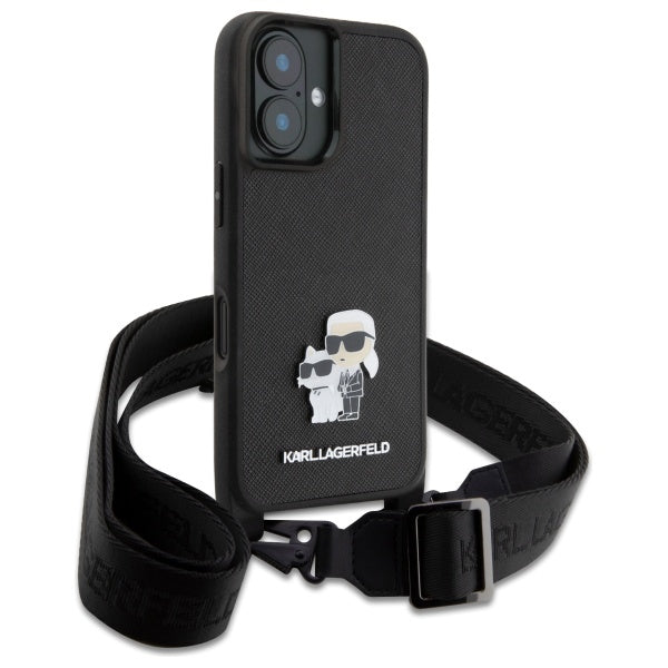 Ovitek za Apple iPhone 16, Karl Lagerfeld, Saffiano Crossbody Metal Pin Karl & Choupette, Bela