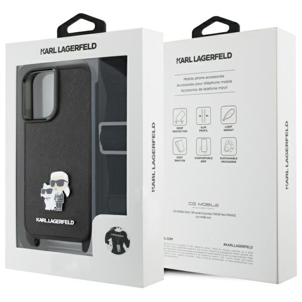 Ovitek za Apple iPhone 16, Karl Lagerfeld, Saffiano Crossbody Metal Pin Karl & Choupette, Bela
