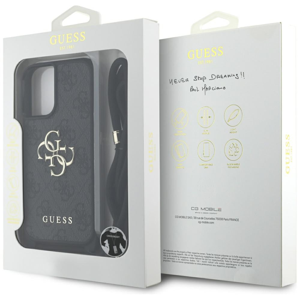 Case for Apple iPhone 16 Plus, Guess, 4G CBDY Big Logo with Cord Strap, Black