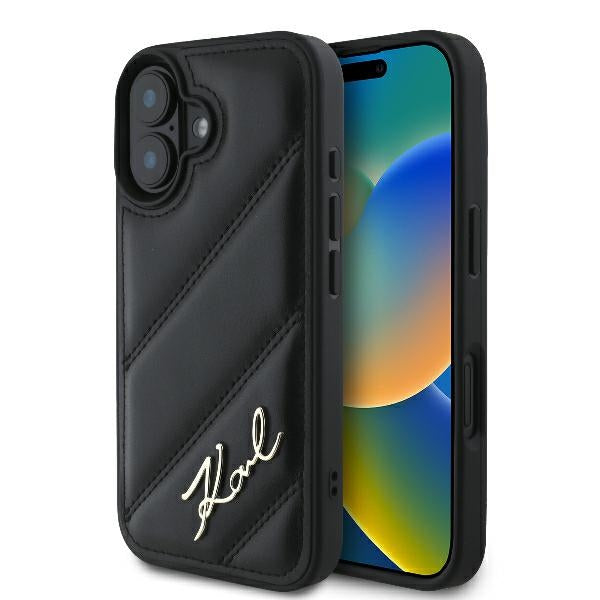 Ovitek za Apple iPhone 16 Plus, Karl Lagerfeld, Diagonal Quilted Script, Črna