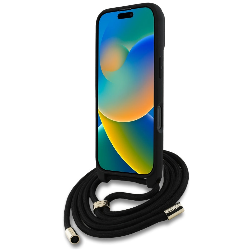 Case for Apple iPhone 16 Pro, Guess, 4G CBDY Big Logo with Cord Strap, Brown