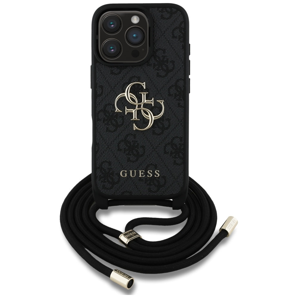 Ovitek za Apple iPhone 16 Pro, Guess, 4G CBDY Big Logo with Cord Strap, črn