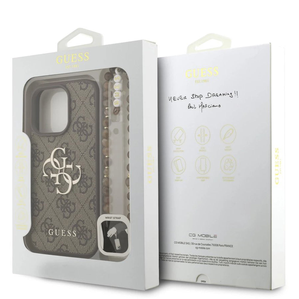 Ovitek za Apple iPhone 16 Pro, Guess, 4G Classic Logo with Strap, rjava