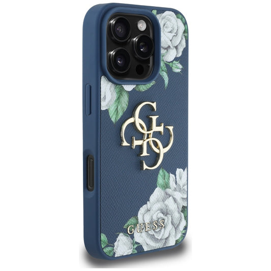 Ovitek za Apple iPhone 16 Pro, Guess, 4G Grained Roses Big Logo, Modra