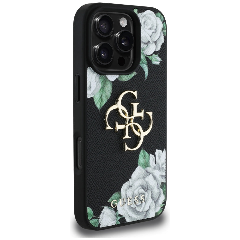 Case for Apple iPhone 16 Pro, Guess, 4G Grained Roses Big Logo, Black