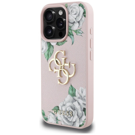 Ovitek za Apple iPhone 16 Pro, Guess, 4G Grained Roses Big Logo, Roza