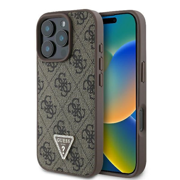 Ovitek za Apple iPhone 16 Pro, Guess, 4G Triangle Strass, rjava