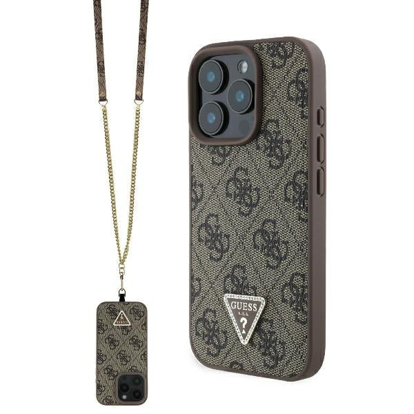 Ovitek za Apple iPhone 16 Pro, Guess, Crossbody 4G Triangle Strass, rjava