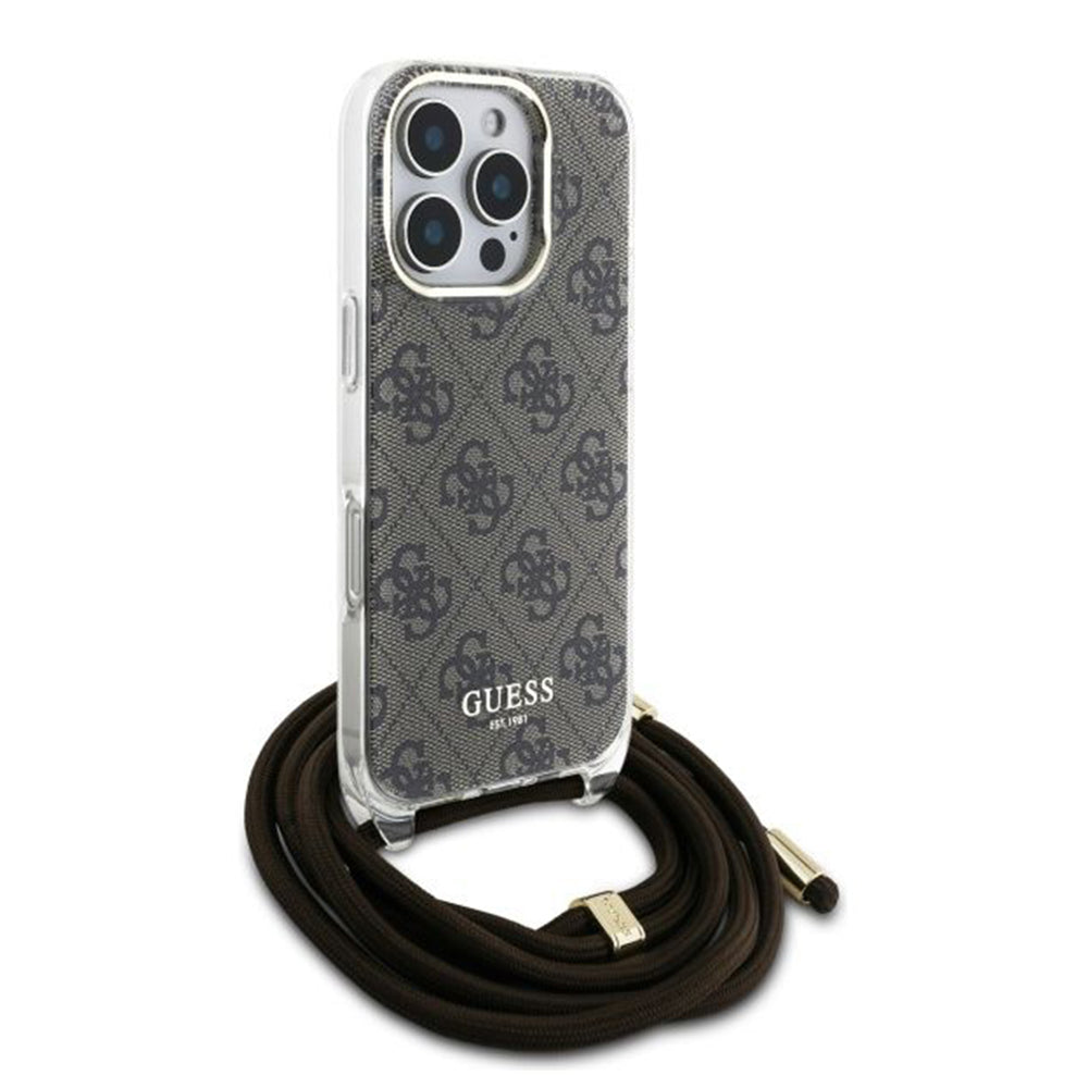 Ovitek za Apple iPhone 16 Pro, Guess, Crossbody Cord 4G Print, rjava