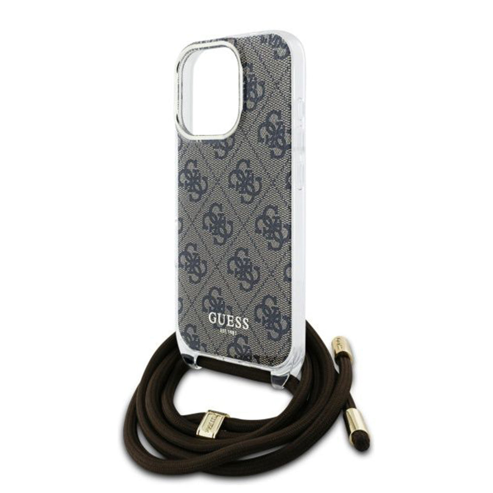 Ovitek za Apple iPhone 16 Pro, Guess, Crossbody Cord 4G Print, rjava