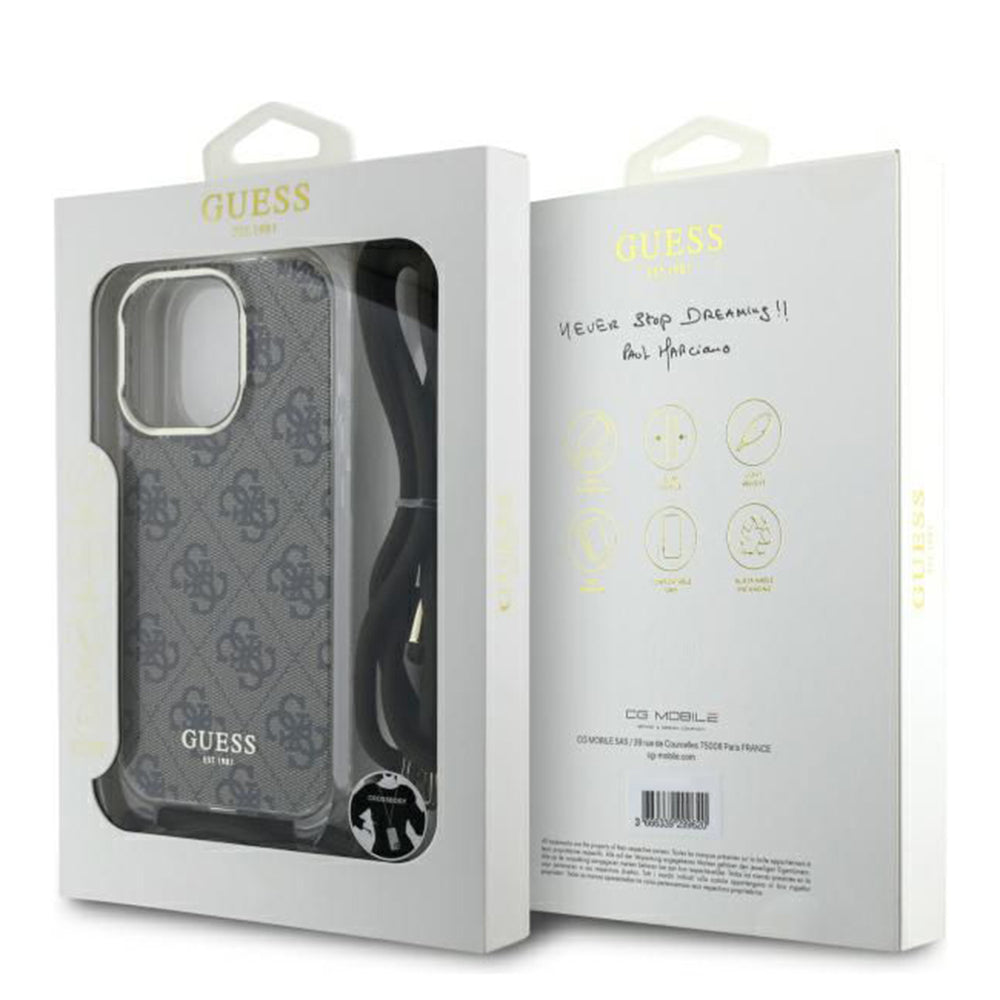 Ovitek za Apple iPhone 16 Pro, Guess, Crossbody Cord 4G Print, rjava