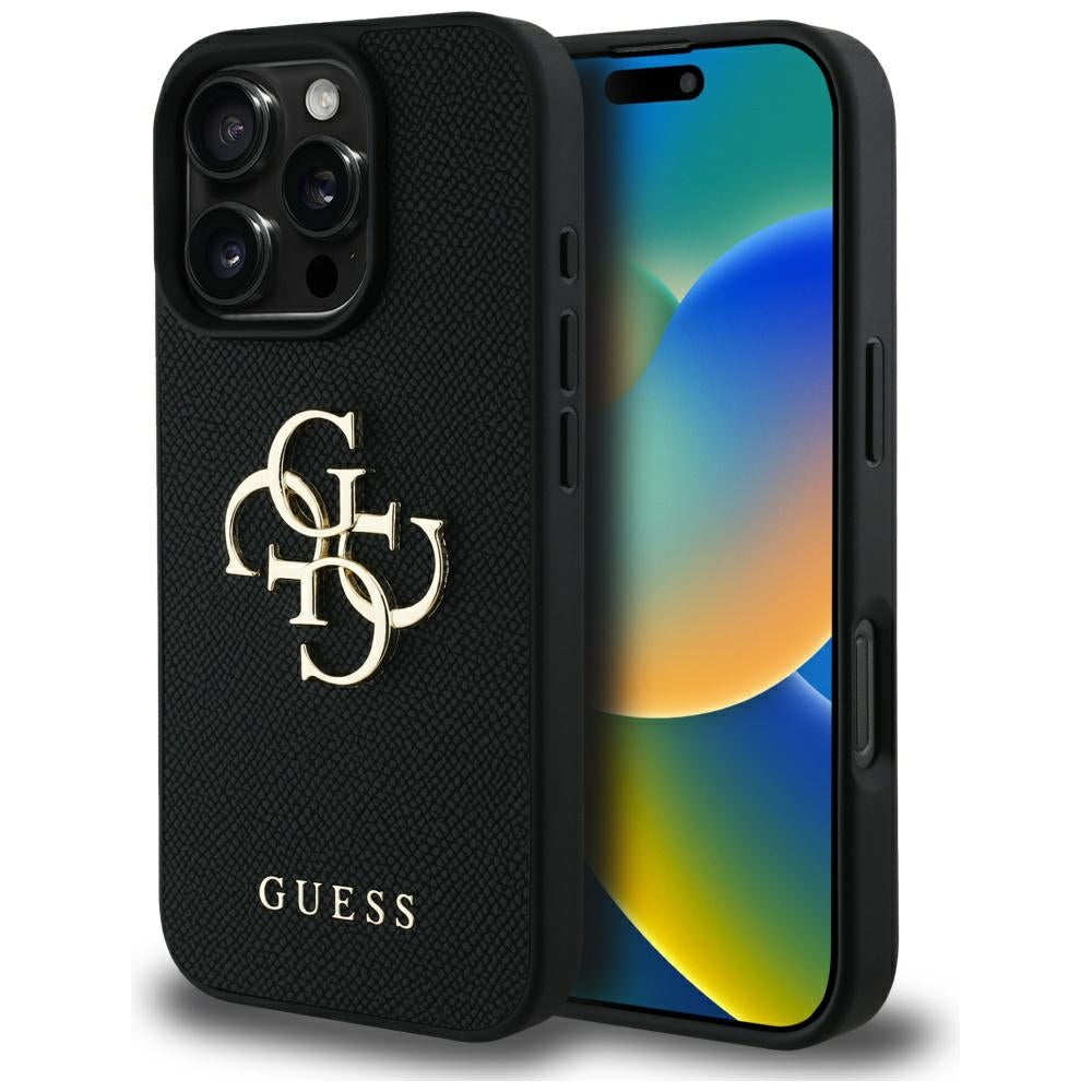 Ovitek za Apple iPhone 16 Pro, Guess, Grained Big 4G Logo Small Classic Logo, črn