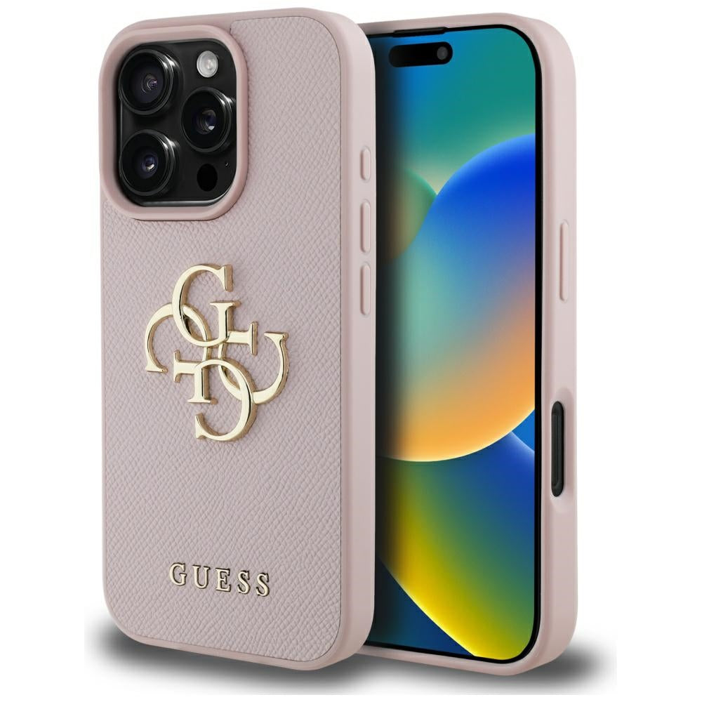 Ovitek za Apple iPhone 16 Pro, Guess, Grained Big 4G Logo Small Classic Logo, Roza