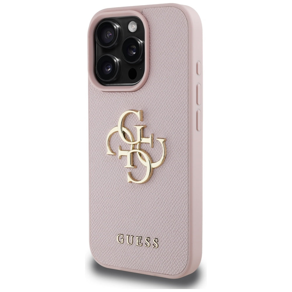Ovitek za Apple iPhone 16 Pro, Guess, Grained Big 4G Logo Small Classic Logo, Roza