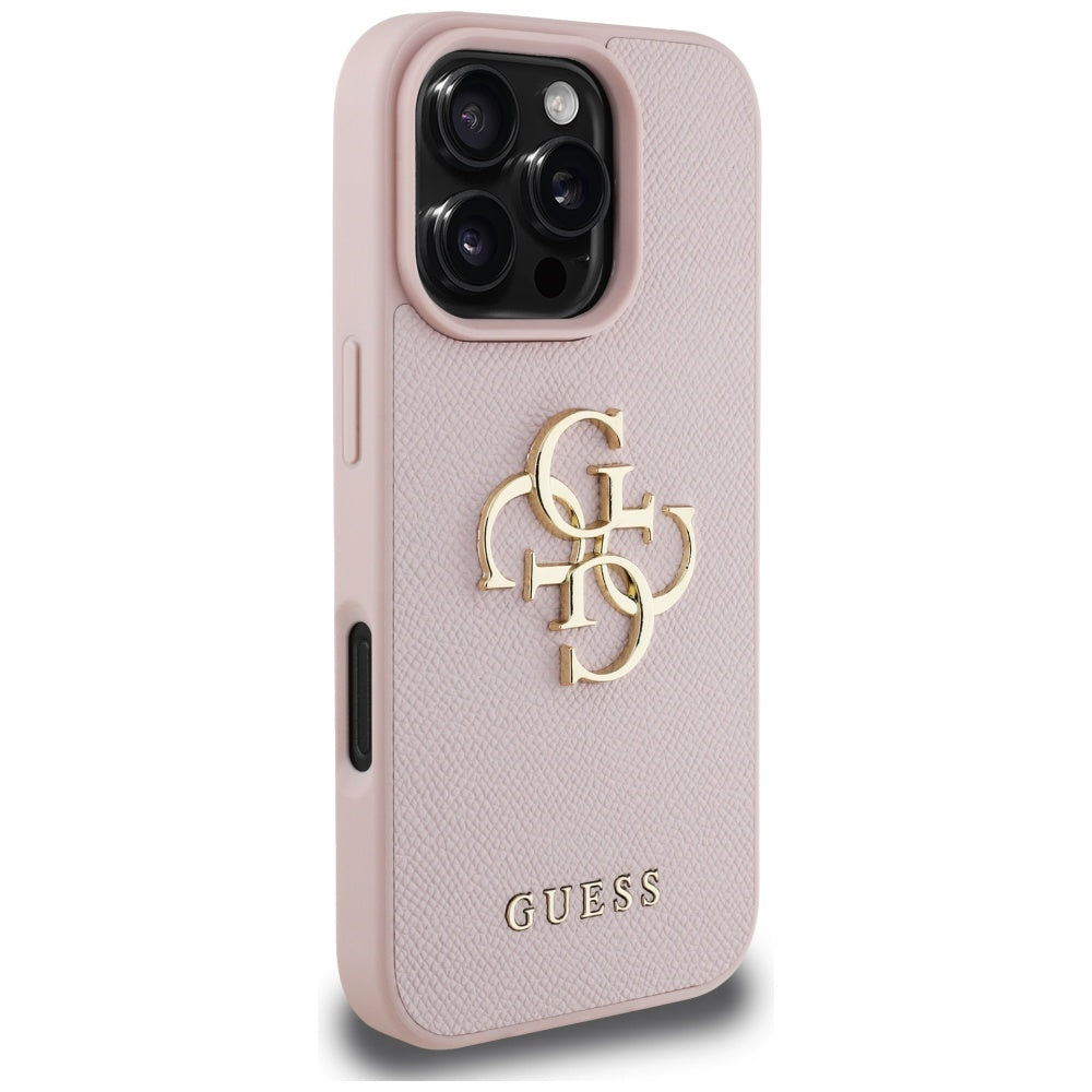 Ovitek za Apple iPhone 16 Pro, Guess, Grained Big 4G Logo Small Classic Logo, Roza