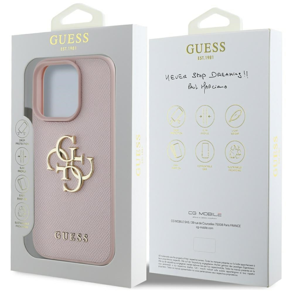 Ovitek za Apple iPhone 16 Pro, Guess, Grained Big 4G Logo Small Classic Logo, Roza