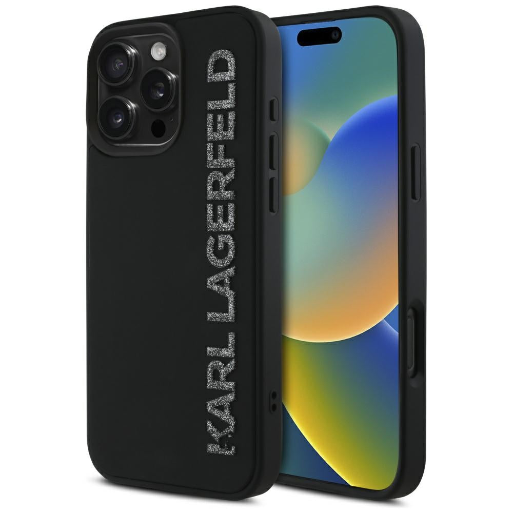 Ovitek za Apple iPhone 16 Pro, Karl Lagerfeld, 3D Rubber Elongated Gliiter Logo, črn