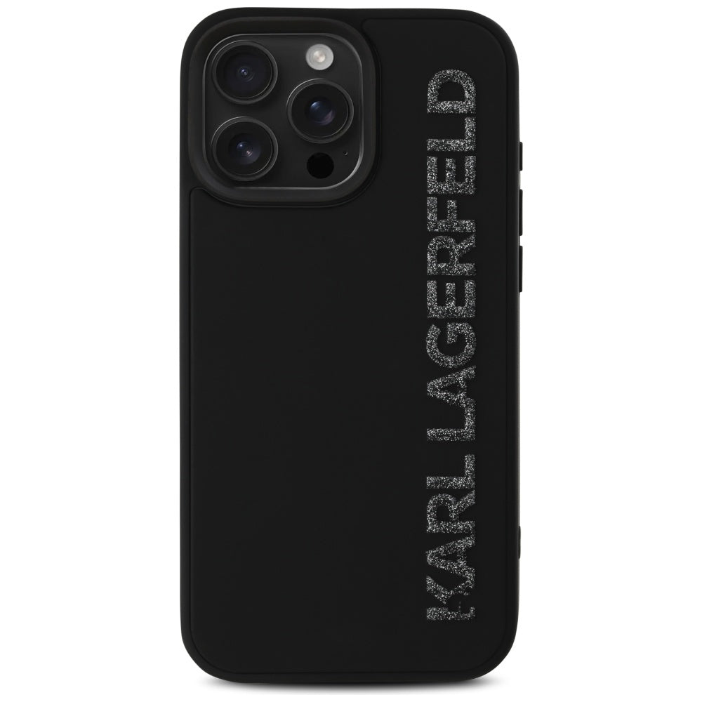 Ovitek za Apple iPhone 16 Pro, Karl Lagerfeld, 3D Rubber Elongated Gliiter Logo, črn