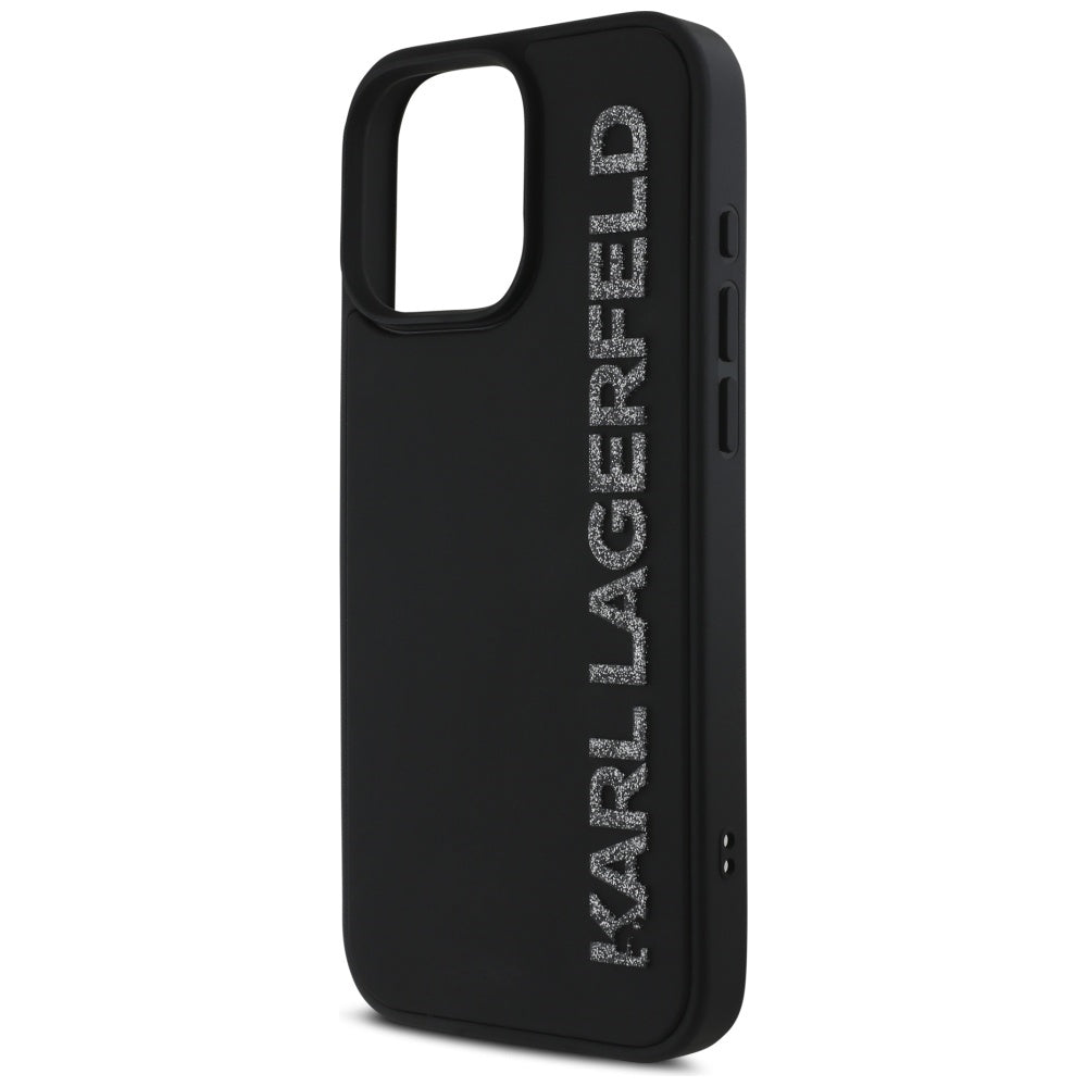 Ovitek za Apple iPhone 16 Pro, Karl Lagerfeld, 3D Rubber Elongated Gliiter Logo, črn