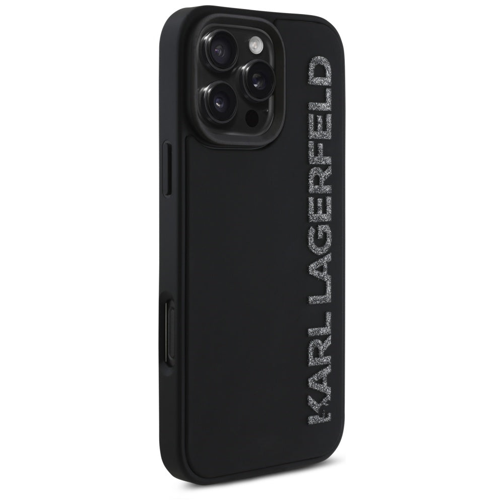 Ovitek za Apple iPhone 16 Pro, Karl Lagerfeld, 3D Rubber Elongated Gliiter Logo, črn