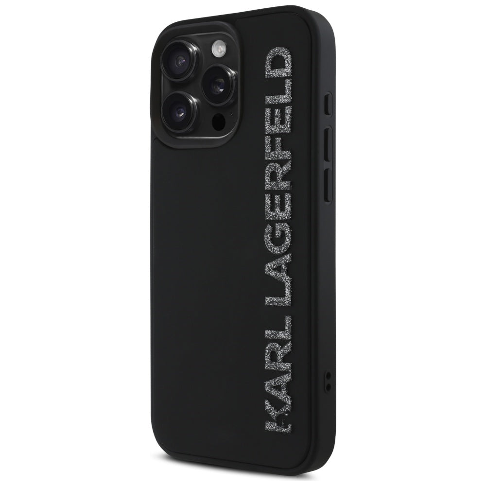 Ovitek za Apple iPhone 16 Pro, Karl Lagerfeld, 3D Rubber Elongated Gliiter Logo, črn