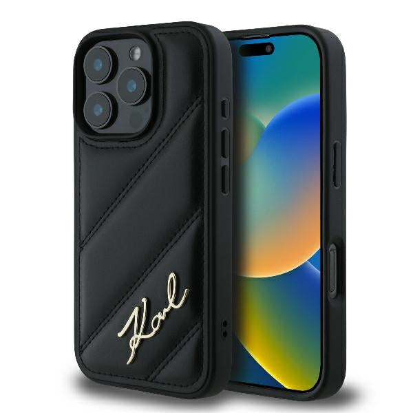 Ovitek za Apple iPhone 16 Pro, Karl Lagerfeld, Diagonal Quilted Script, Črn