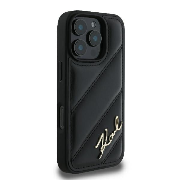 Ovitek za Apple iPhone 16 Pro, Karl Lagerfeld, Diagonal Quilted Script, Črn
