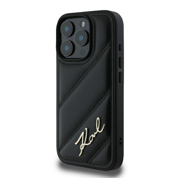Ovitek za Apple iPhone 16 Pro, Karl Lagerfeld, Diagonal Quilted Script, Črn