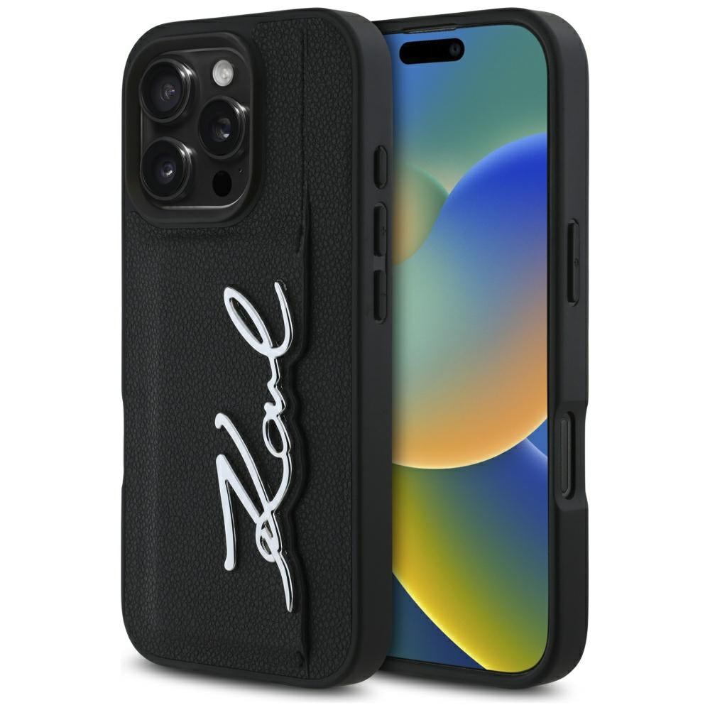 Ovitek za Apple iPhone 16 Pro, Karl Lagerfeld, Metal Signature, Črn