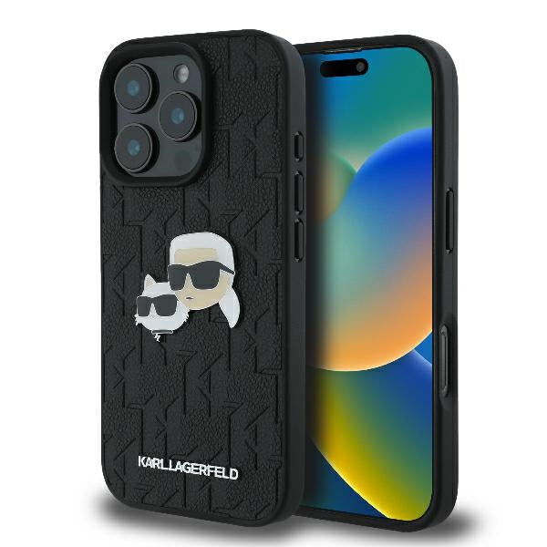 Ovitek za Apple iPhone 16 Pro, Karl Lagerfeld, Monogram Karl & Choupette's Heads, Črna