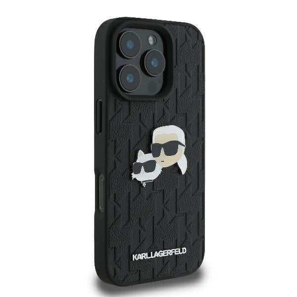 Ovitek za Apple iPhone 16 Pro, Karl Lagerfeld, Monogram Karl & Choupette's Heads, Črna