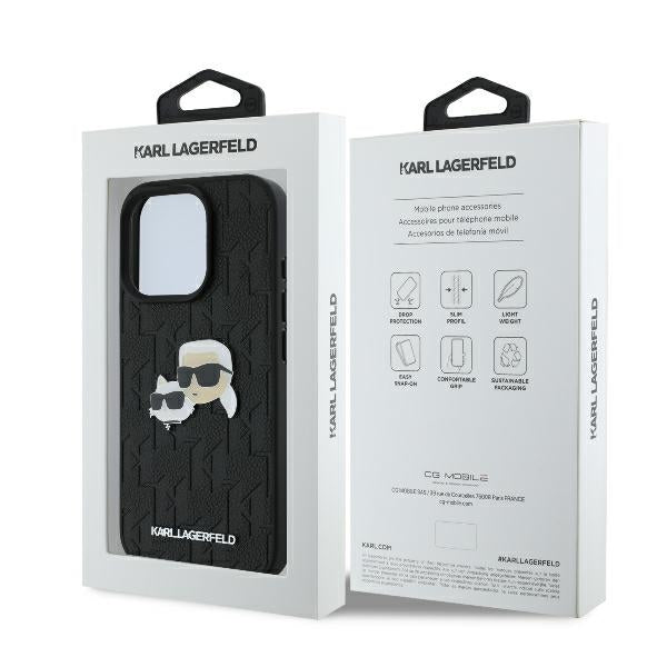 Ovitek za Apple iPhone 16 Pro, Karl Lagerfeld, Monogram Karl & Choupette's Heads, Črna
