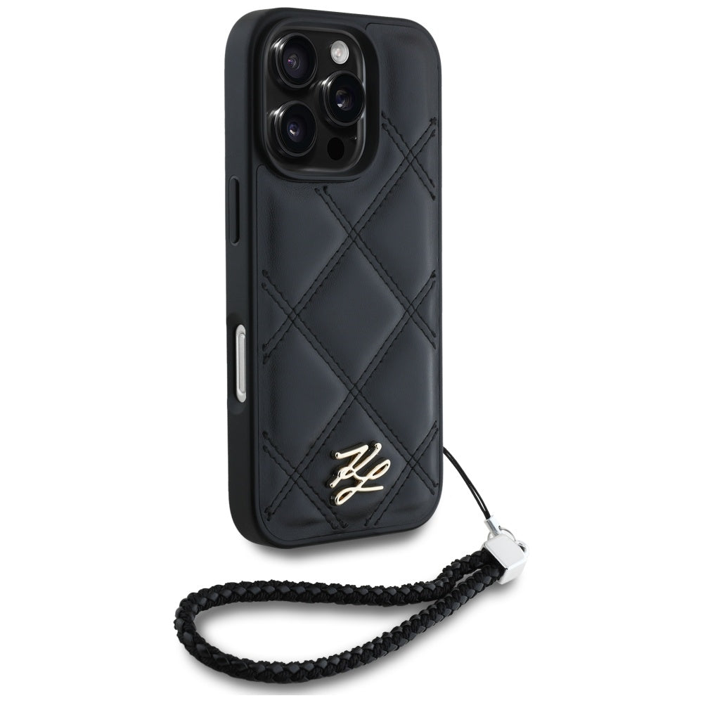 Ovitek za Apple iPhone 16 Pro, Karl Lagerfeld, Quilted Initial Logo & Chain Strap, črn