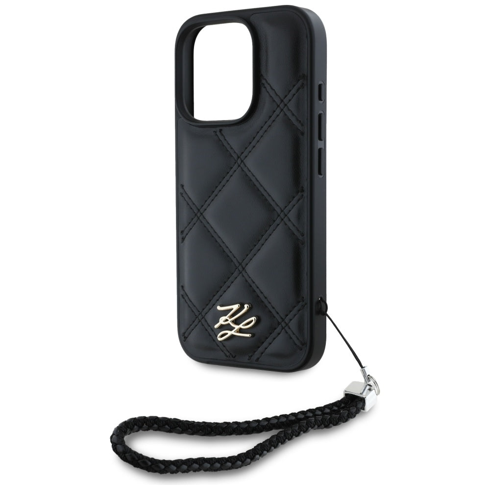 Ovitek za Apple iPhone 16 Pro, Karl Lagerfeld, Quilted Initial Logo & Chain Strap, črn