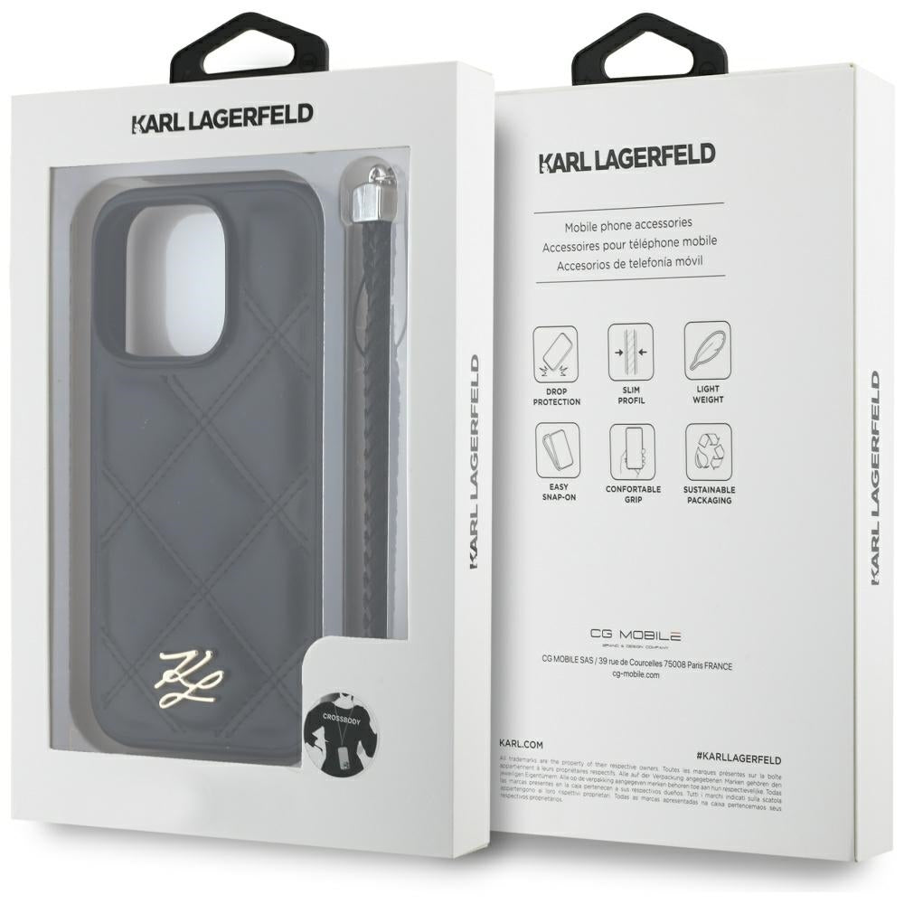 Ovitek za Apple iPhone 16 Pro, Karl Lagerfeld, Quilted Initial Logo & Chain Strap, črn