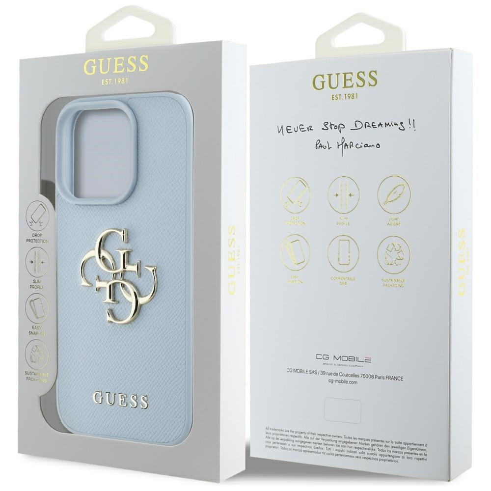 Case for Apple iPhone 16 Pro Max, Guess, Grained Big 4G Logo Small Classic Logo, Blue