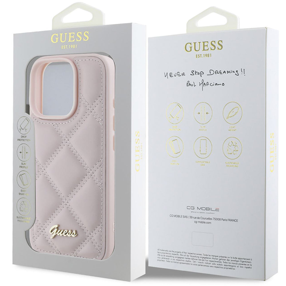 Ovitek za Apple iPhone 16 Pro Max, Guess, Quilted Metal Logo, Roza