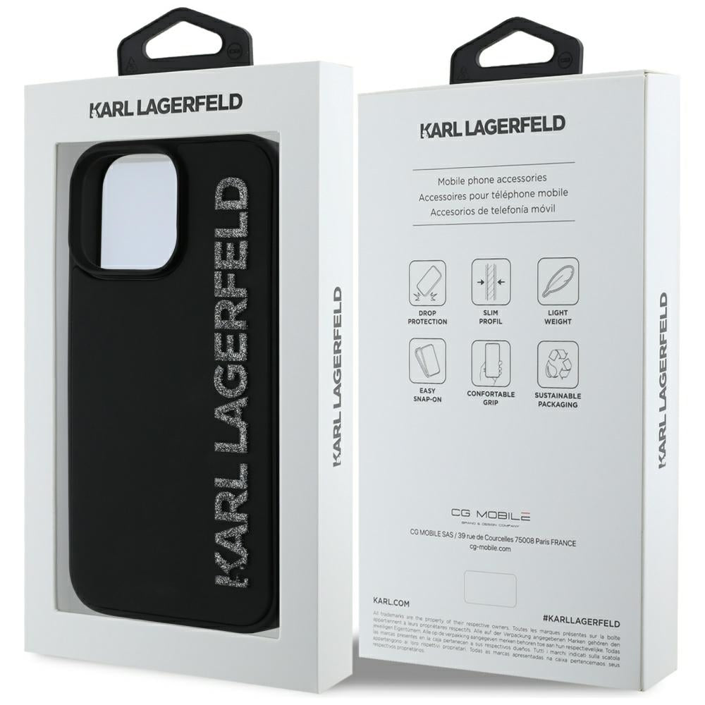 Ovitek za Apple iPhone 16 Pro Max, Karl Lagerfeld, 3D Rubber Elongated Glitter Logo, črn